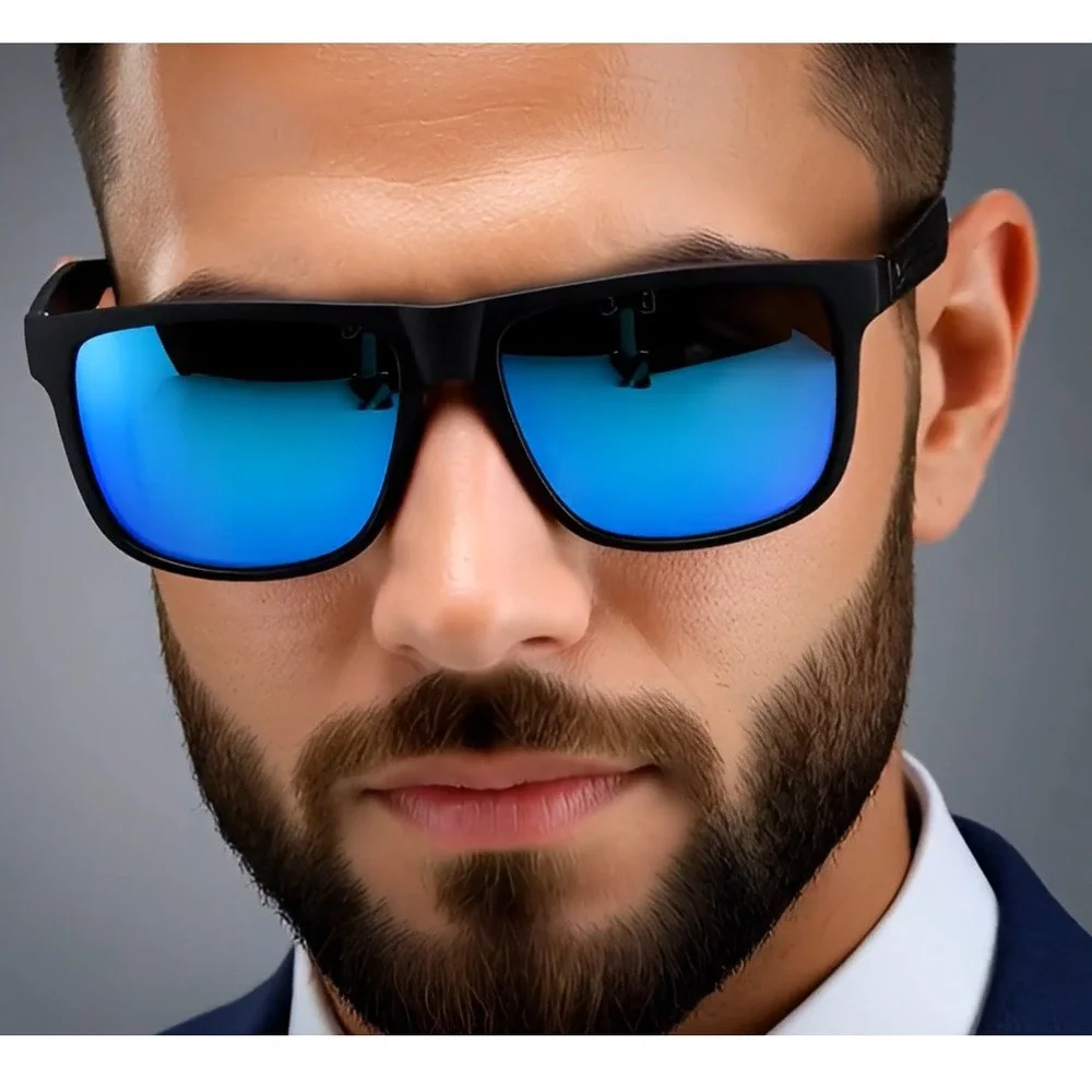 Polarized Sunglasses Men Driving‎ Fishing Square Frame Blue Mirror Lens Gafas